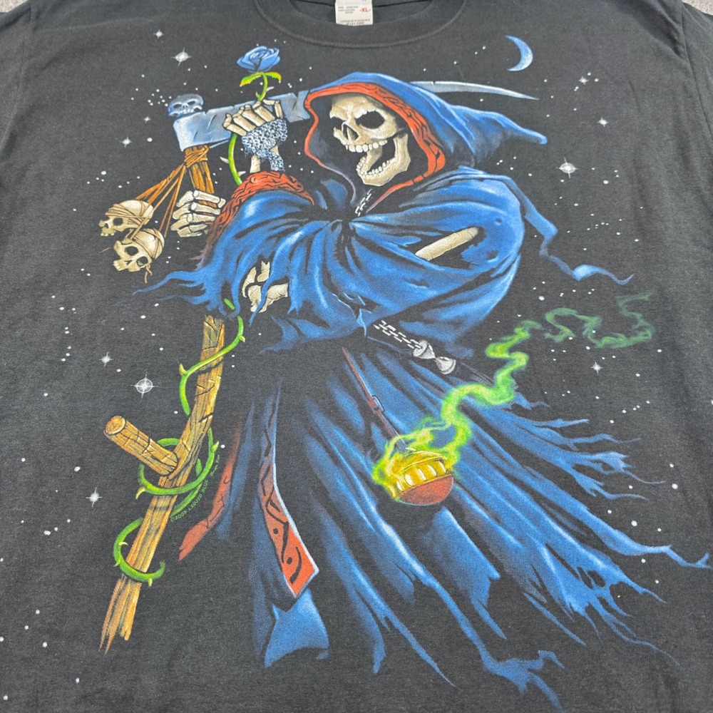 Liquid Blue Reaper Brian Fox 2002 Vintage Shirt‎ XL Black Grim Reaper Skulls COA